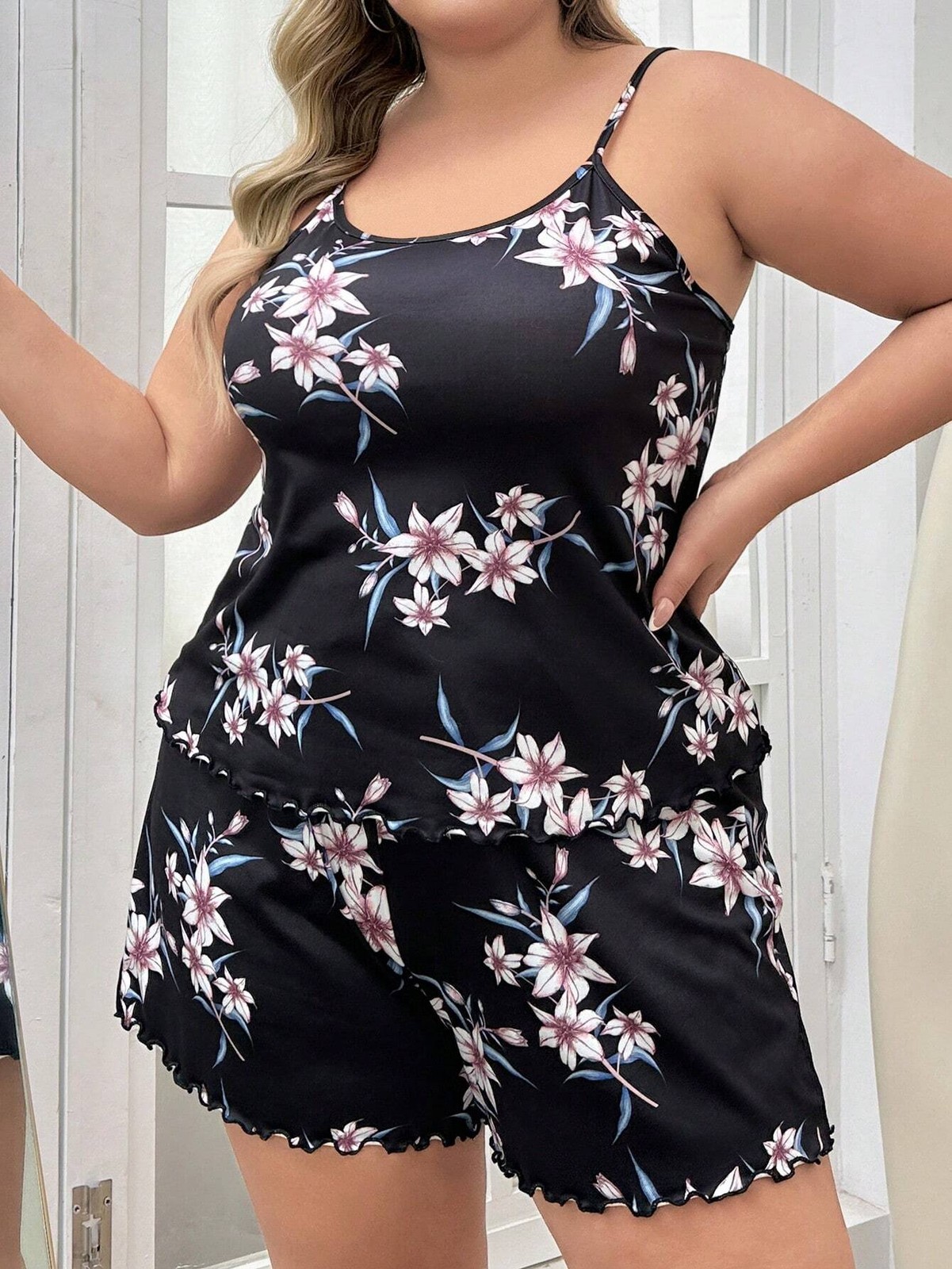 Plus Size Floral Cami Top & Shorts Pyjama Set For Curves Cheap24