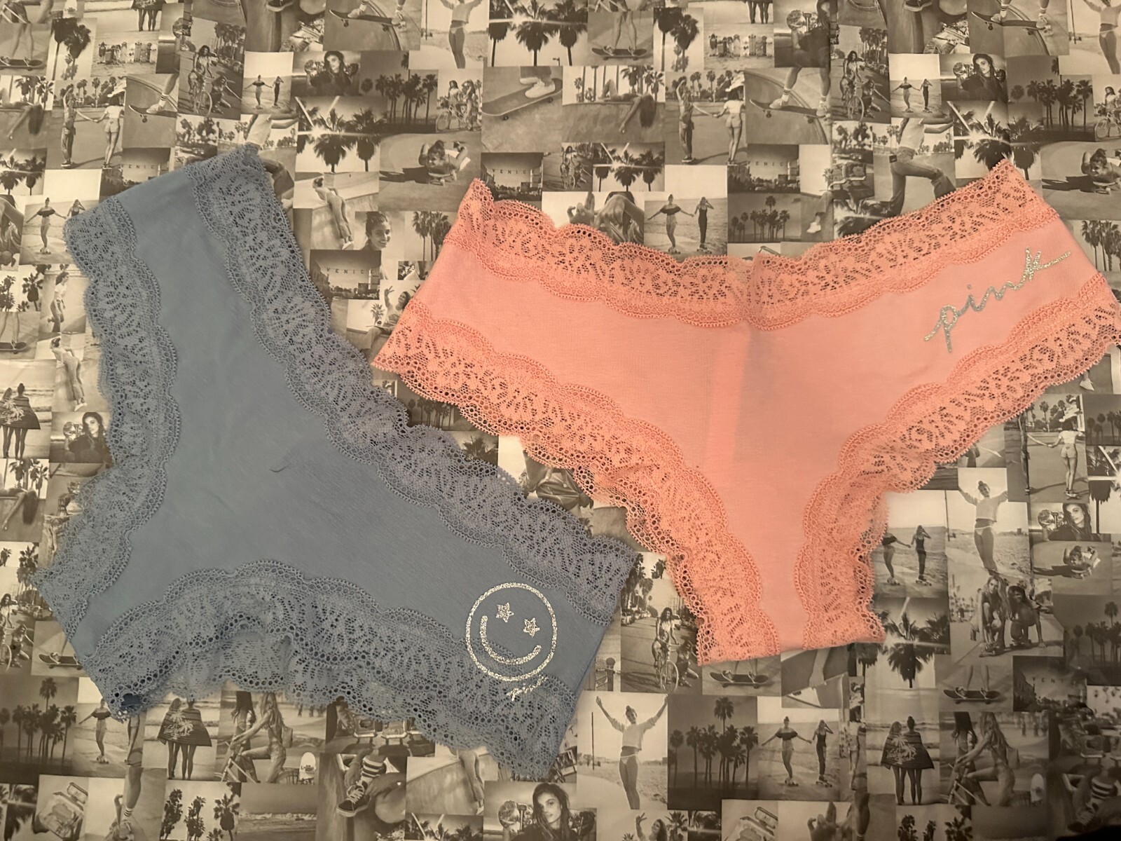 2 NWT Victoria’s Secret PINK LACE TRIM CHEEKSTER Soft Cotton Panty Blue & Pink M