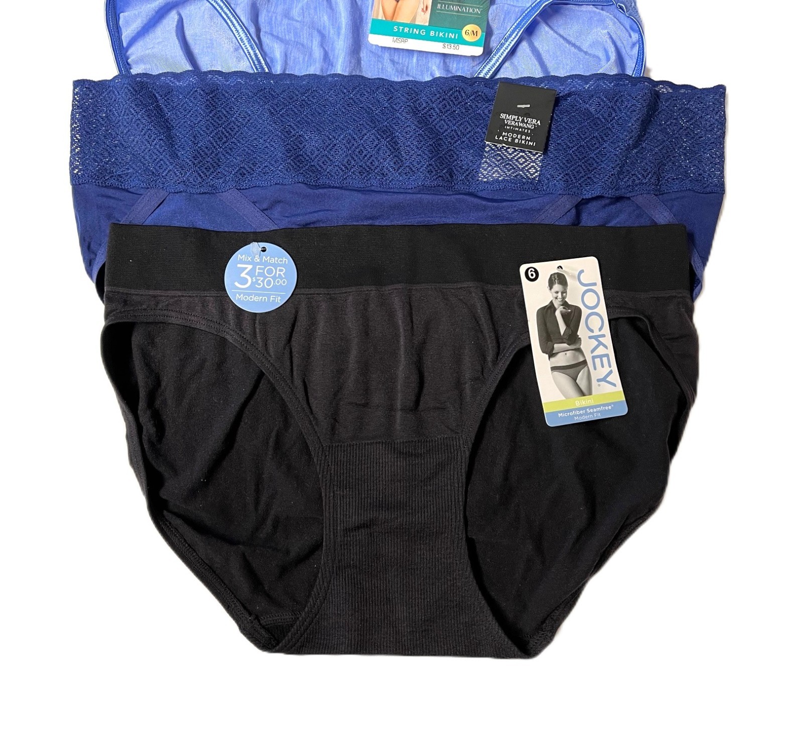 Lot/4 Size 6 Bikinis & Tanga Maidenform, Jockey, VF Illumination, Comb. Ret $38.