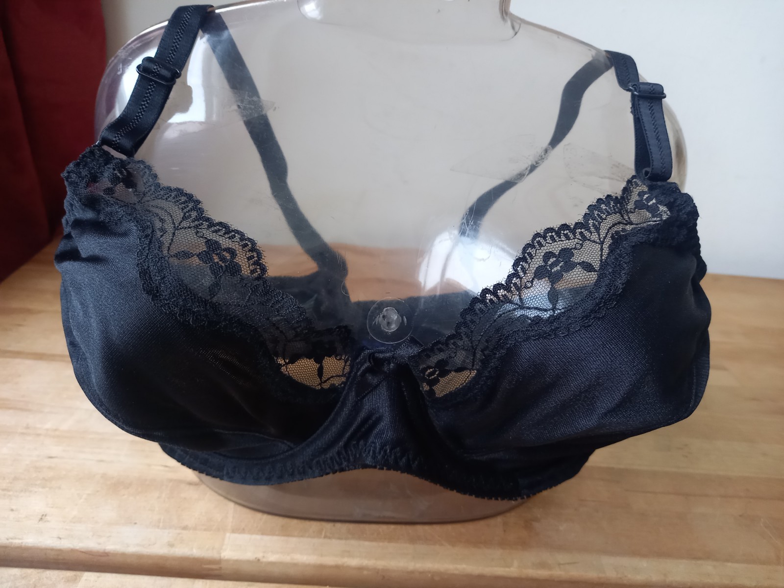 PANACHE Frillys 36B Black Satin Look with Lace Trim Medium Control Underwire_NEW
