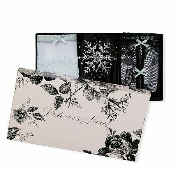 Victoria’s Secret THONG LOT 3-Pack V-String Panty black snowflake Blue Lace Mesh