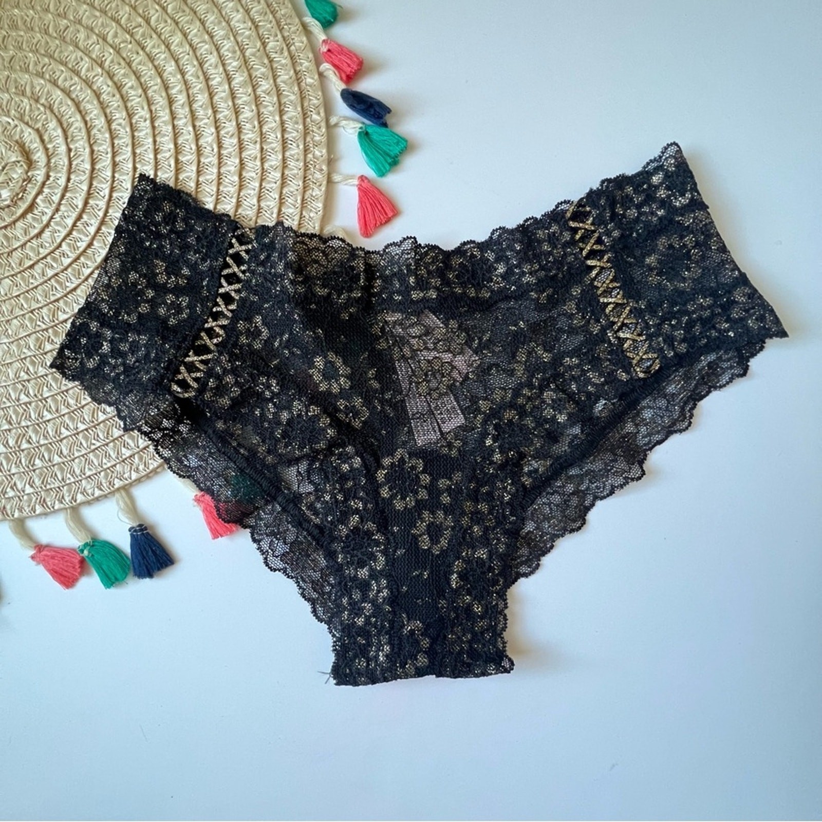Victoria’s Secret The Lacie Shimmer Lace Up Cheeky Panty Black Small NEW