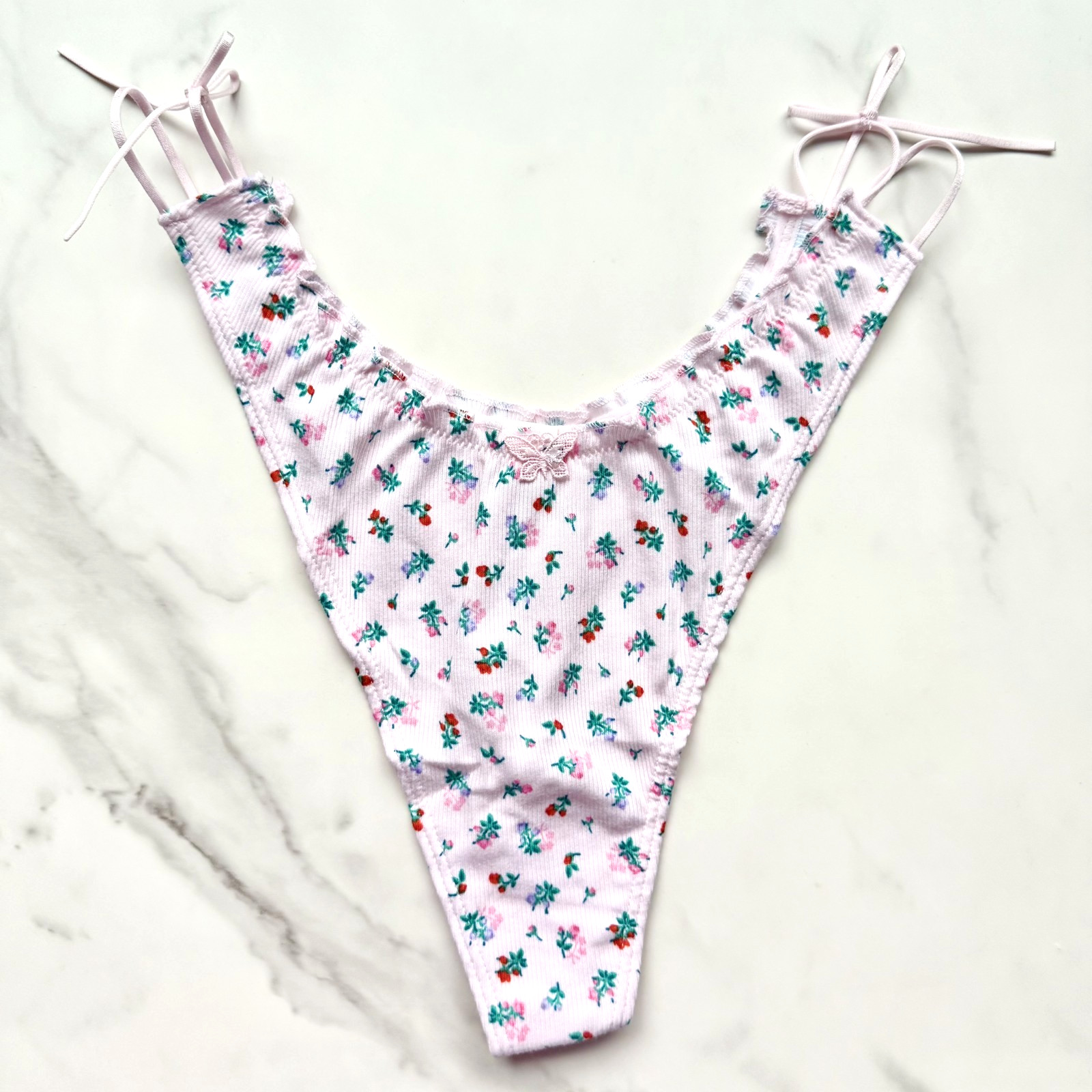 PINK Victoria’s Secret Cotton Side-Tie Smooth Thong Panty Pink Tulip Floral M/L