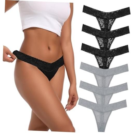 High Waist Thong Women Ribbed Cotton X-Large 6 Pcs Lace Thongs-black Grey