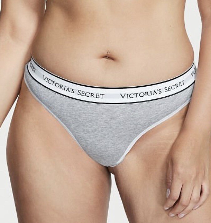 VICTORIA’S SECRET Logo Cotton Thong Panty S Size New With Tags Heather Gray