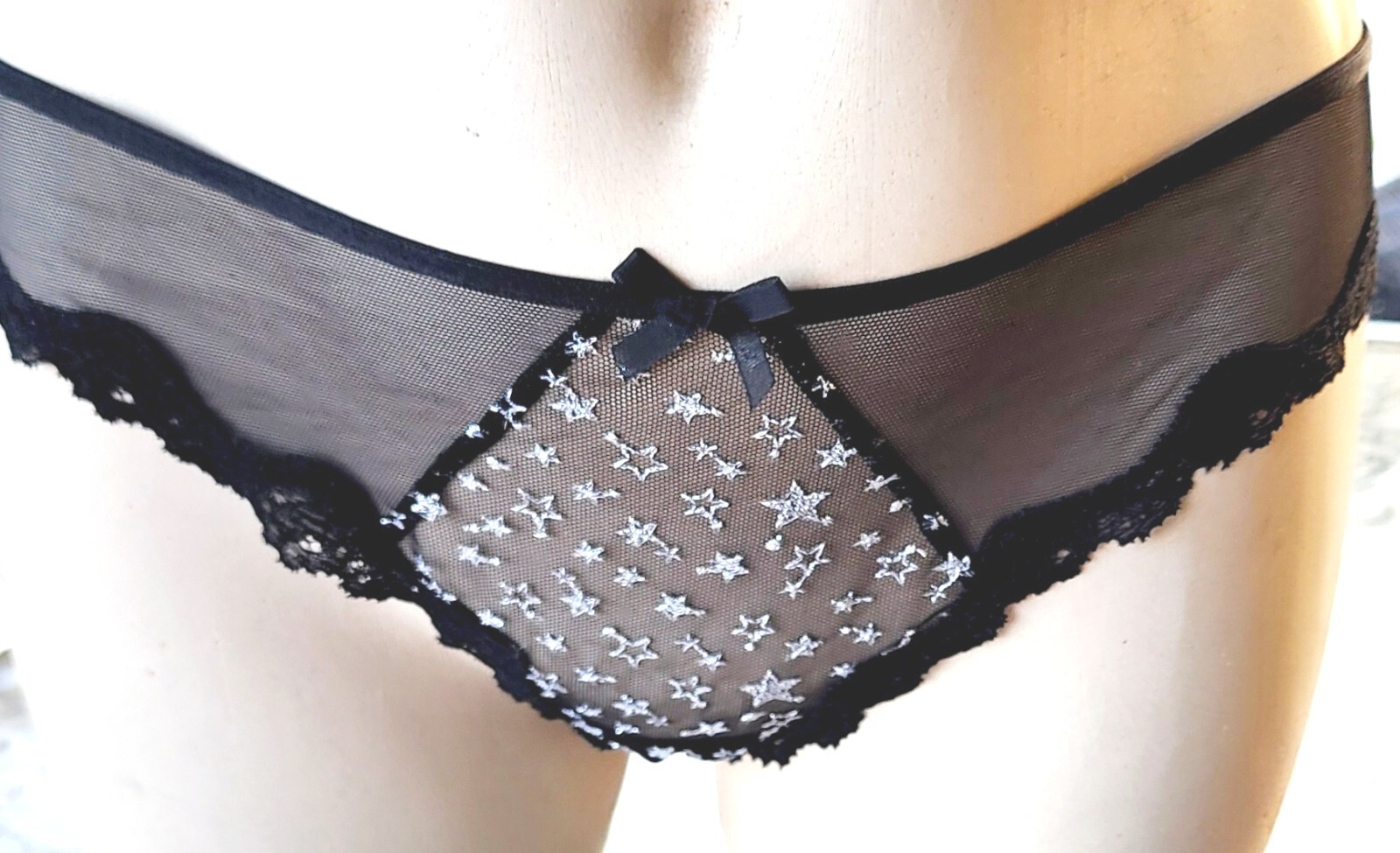 Victorias secret M Rare Vintage Black Mesh Silver Stars Cheeky Sheer Back Panty