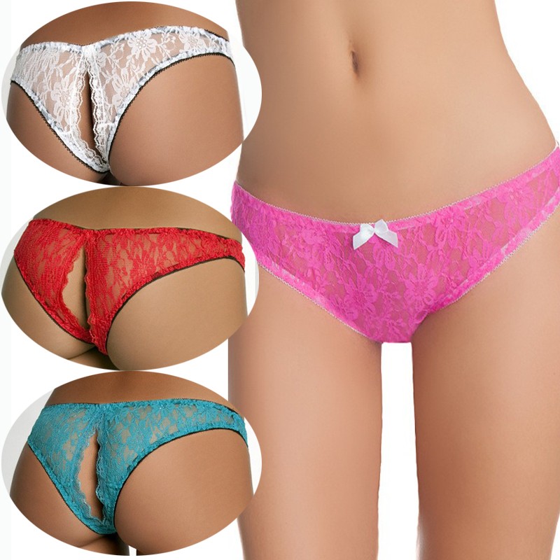 Sexy Women Sheer Lace Thong G-string Briefs Crotchles Panties Lingerie Underwear