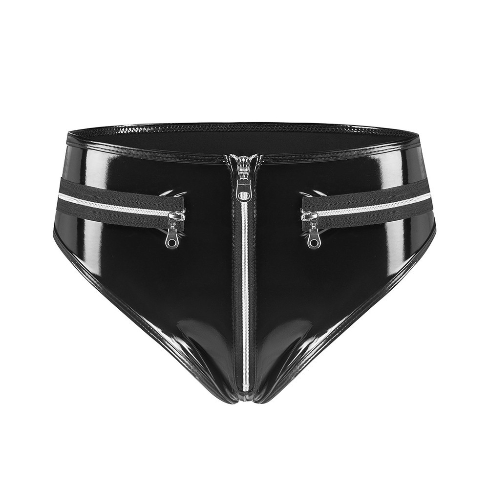 Womens Polyester Spandex 90% 10% Shiny Latex Look Zip Open Crotch Briefs