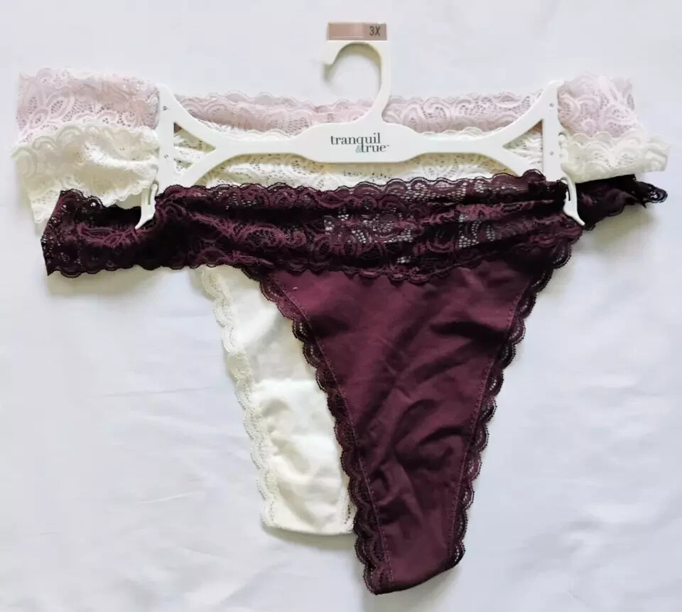 Tranquil & True 3-Pack Cotton/Lace Thongs Size 3X Multicolor (LOT OF 2 PACKS)