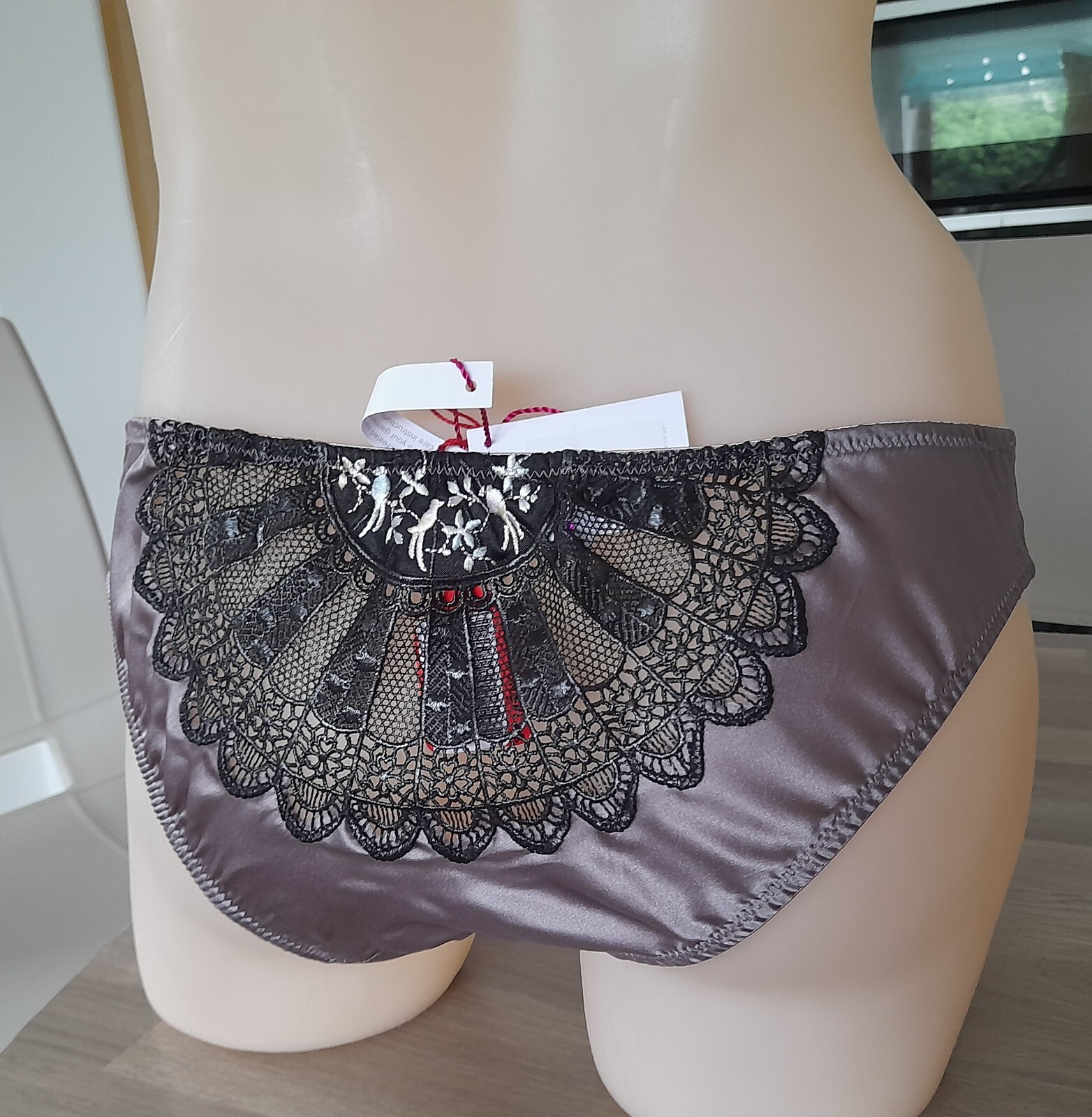 Madame V Steel OPIUM Silk Sheer Mini Knicker Brief With Black Lace Panel