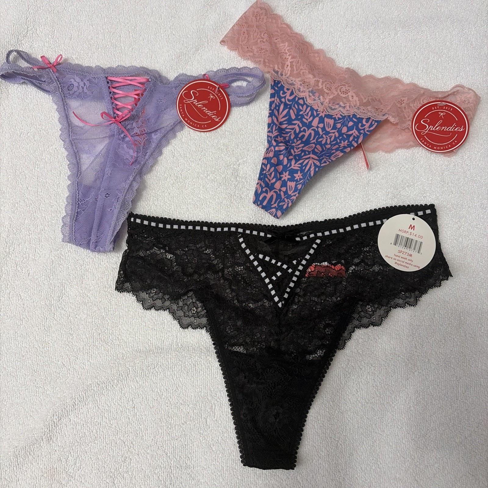 Splendies Panties Thongs lot of 3 with tags. Lilac, pink, black – Medium
