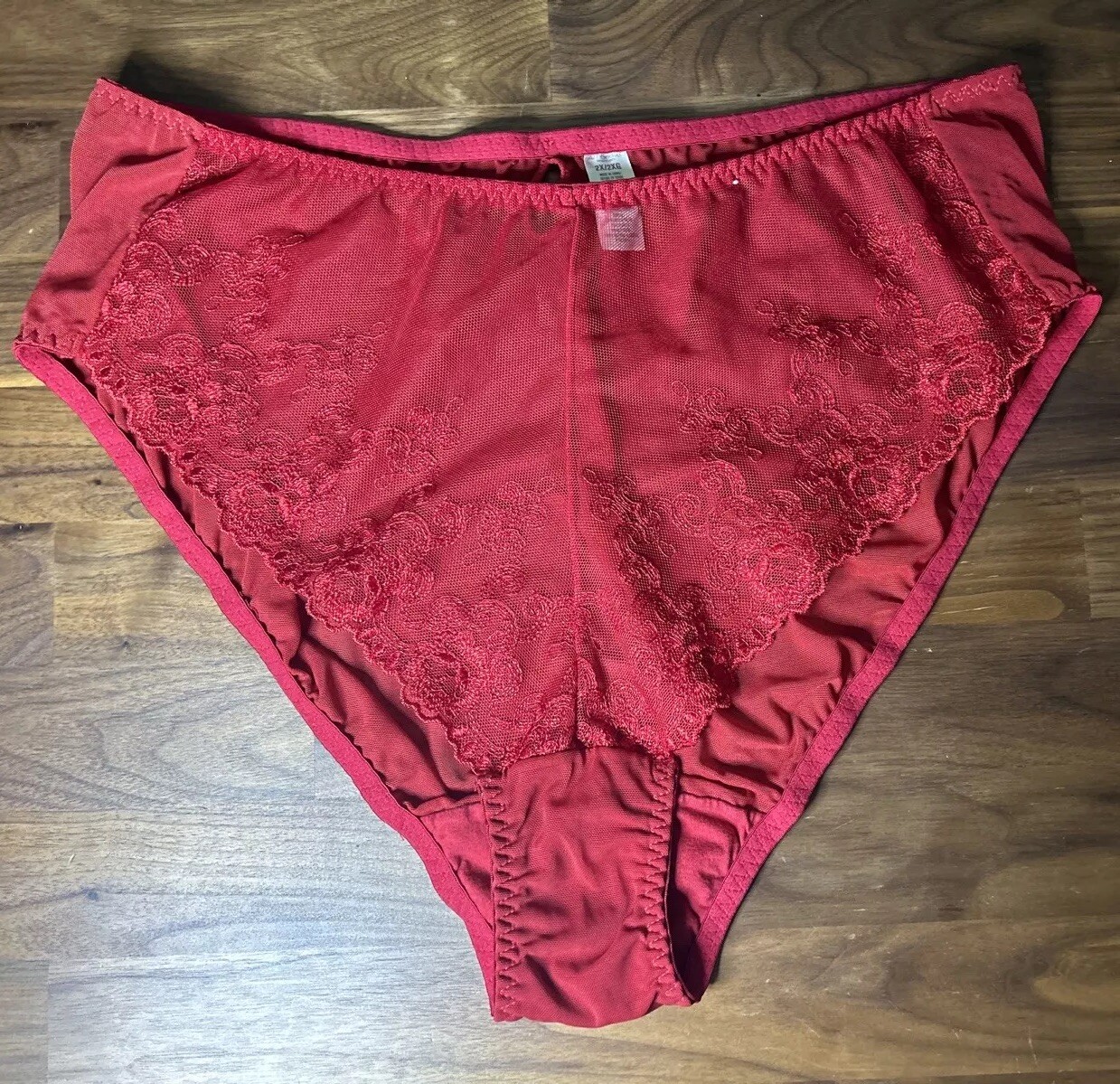 Ambrielle Sheer Lace Hi Cut Panties Sz XXL 2X Red Keyhole Second Skin Sissy VTG