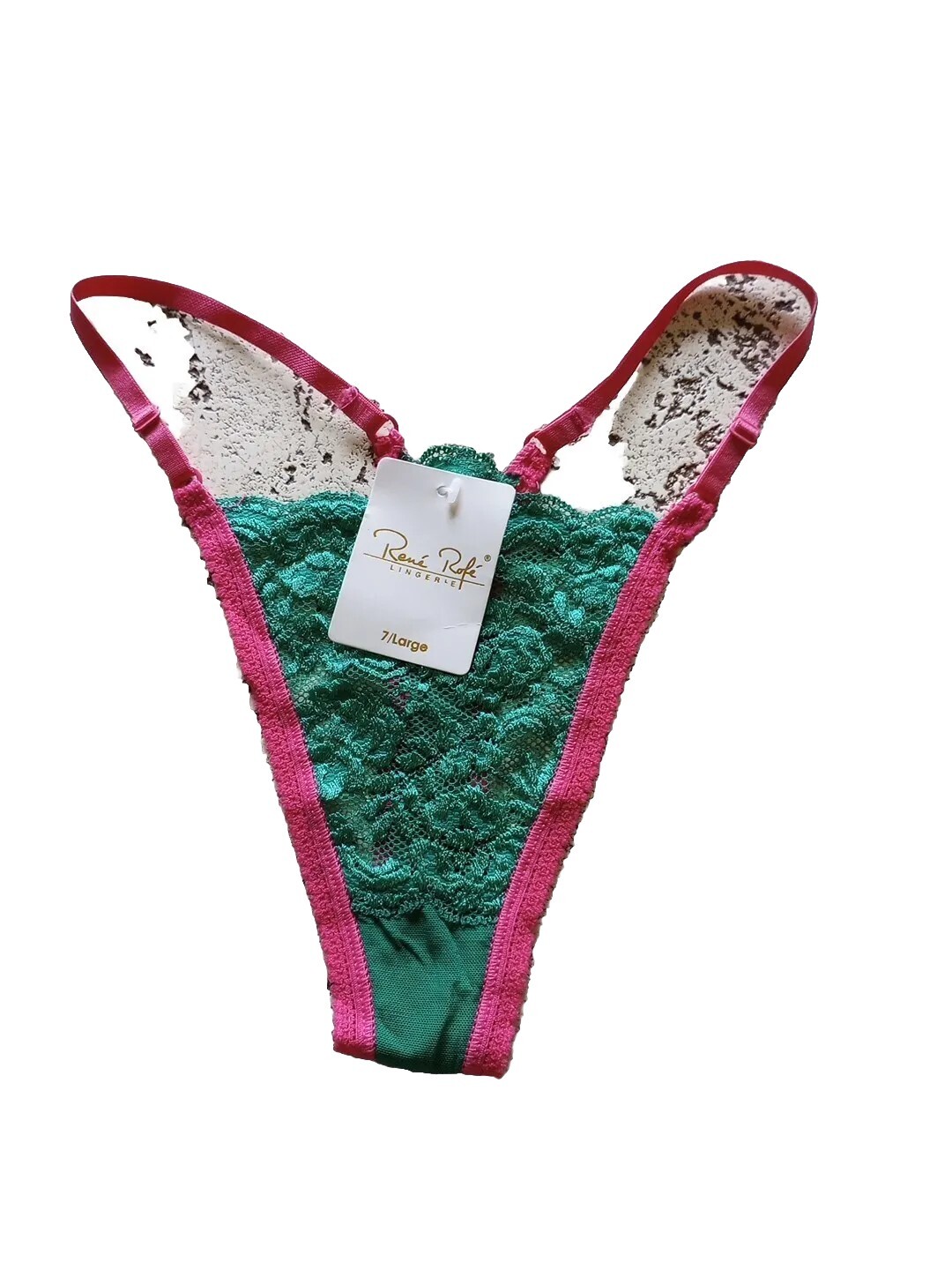 vintage 90s Thong Underwear Green Stretch Lace Hot Pink Trim Junior L NWT