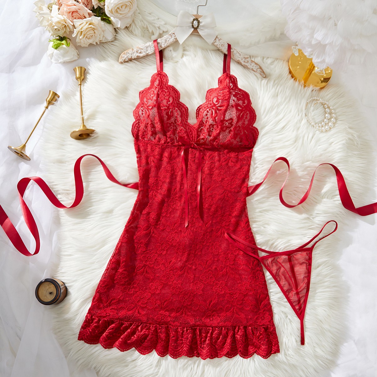 Women Babydoll Lingerie Lace Chemise Sexy Nightgown Ruffle Hem Sleep Dress Thong
