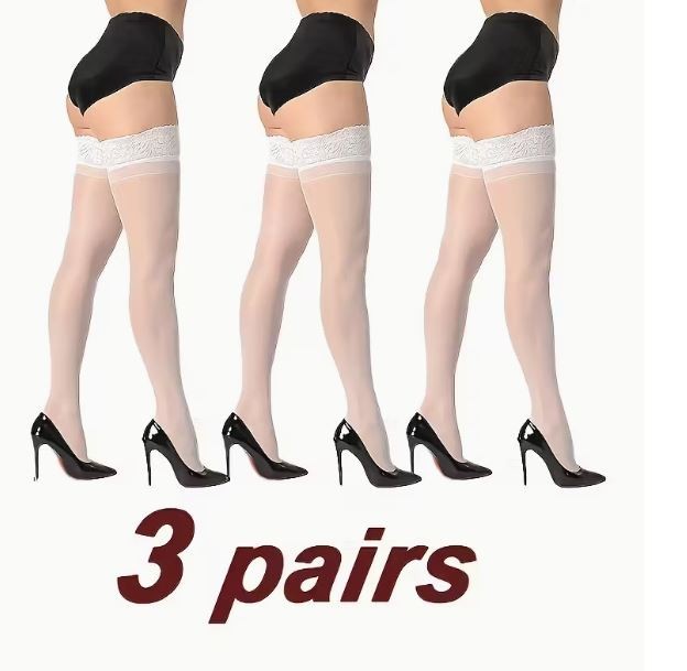 3x Elegant white stockings white lace trim sheer thigh high stretchy one size