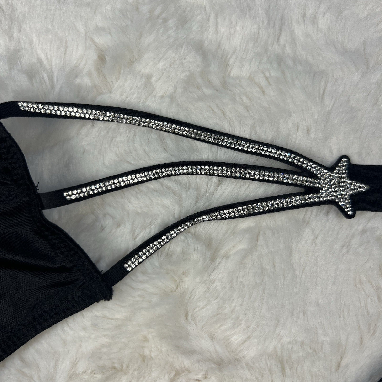 Victoria’s Secret Very Sexy Black High Leg Strappy Thong Rhinestone Star Size.M