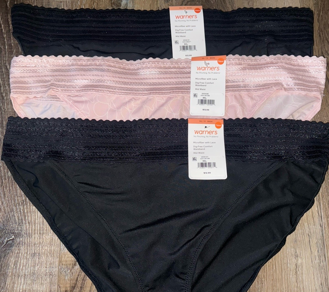 Warners ~ Womens Bikini Underwear Panties Polyester Blend 3-Pair Lace ~ 3XL/10