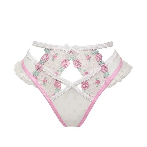 For Love And Lemons Pointelle Roses Cheeky Panty Pink/White Small NEW