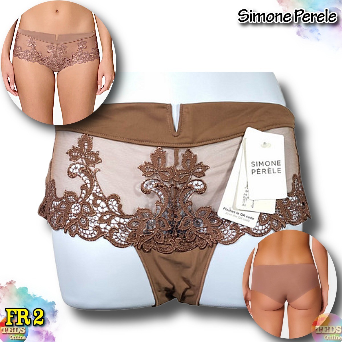 NWT Simone Perele Size FR 2 ‘Saga’ Embroidered Boyshort Briefs 15C630 Brown $75
