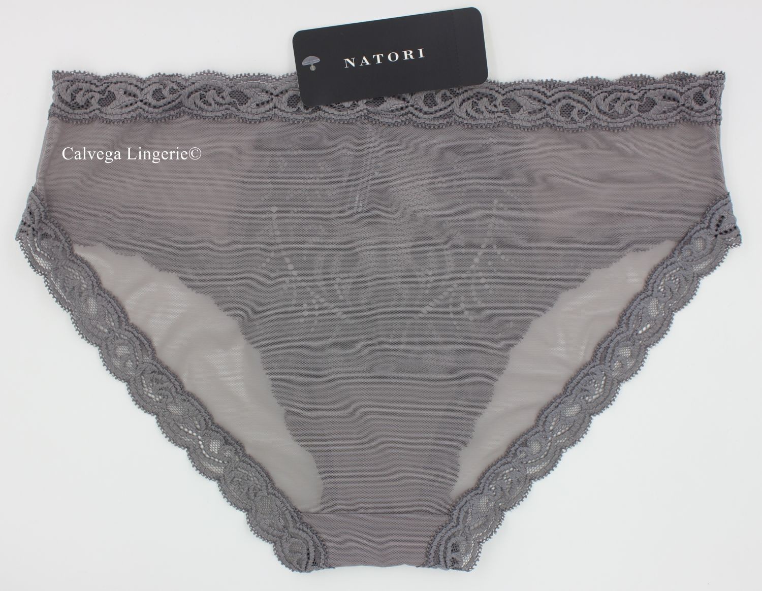 NWT NATORI 753023 “Feathers” Mesh w/Lace Hipster Panty, Gray (“Nickel”)