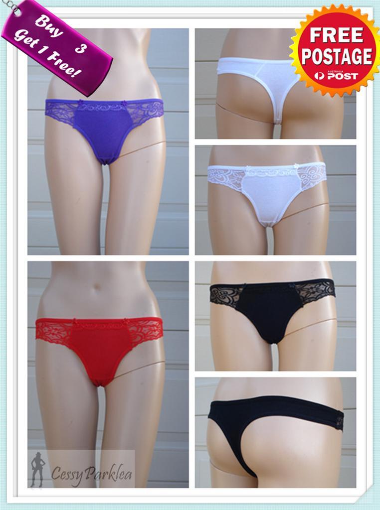 Basic Cotton Thong G-string w/Lace Sides Black Red White Purple Lingerie S/M AU