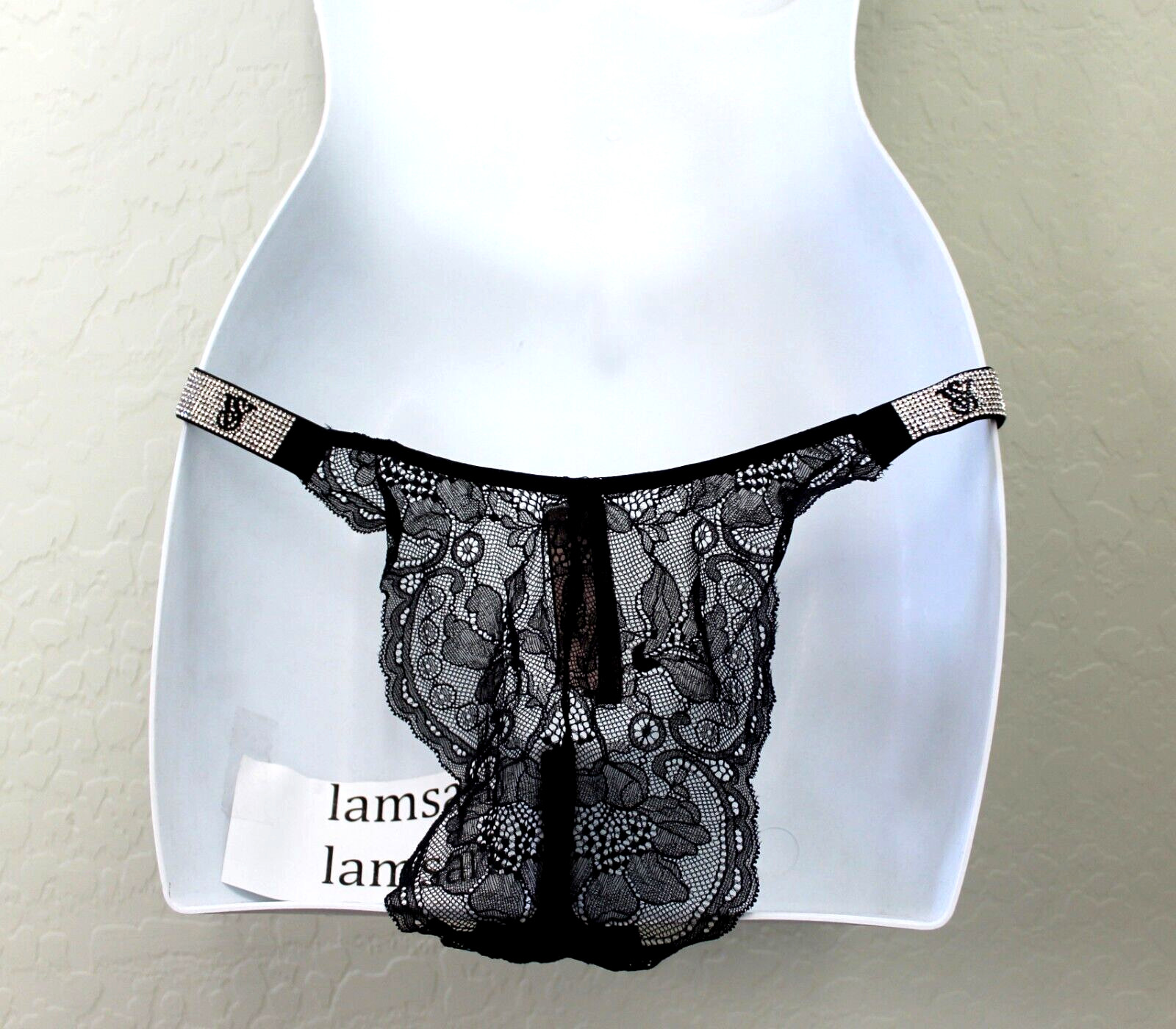 Victoria’s Secret Shine Rhinestone Logo Strap Lace Brazilian Panty Black Size M