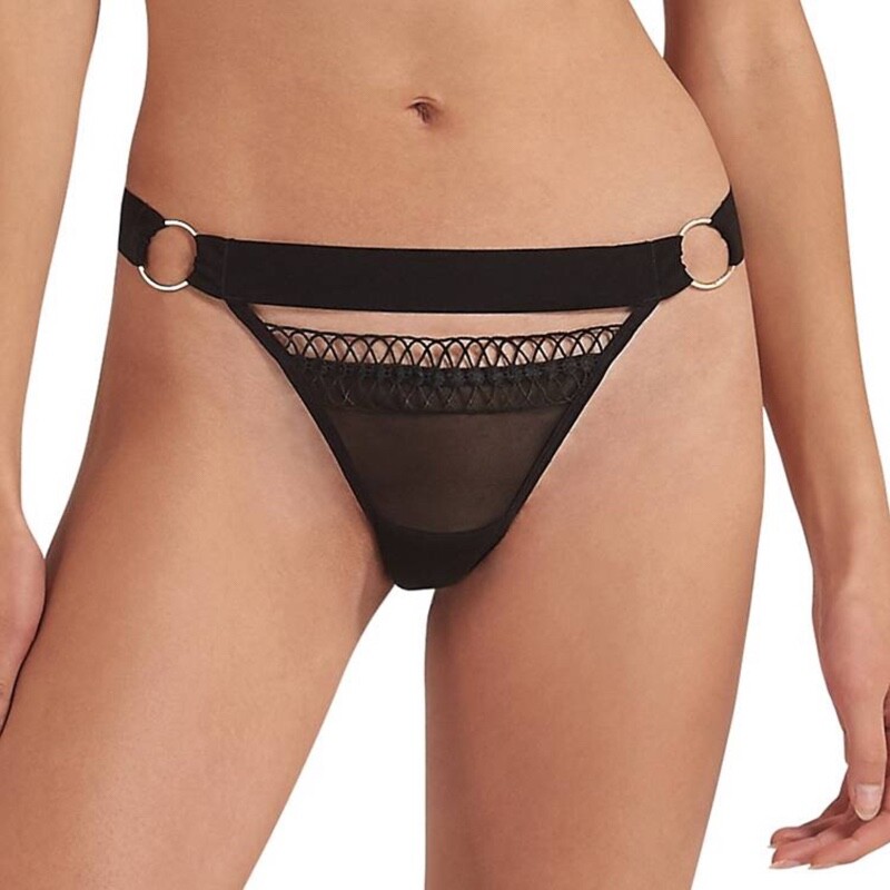Bluebella Mia Thong String Black Size 18 Cut Out Panel Crochet Trim Knickers New