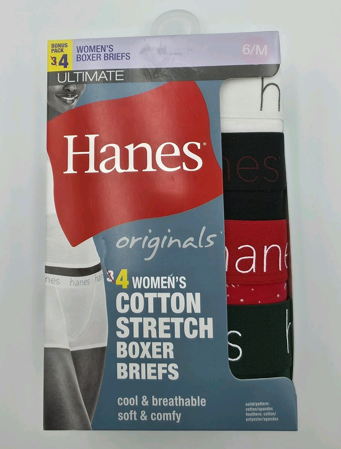 Hanes Originals Boxer Brief Panties Womens 6/M Multicolor Cotton Stretch 4 Pack