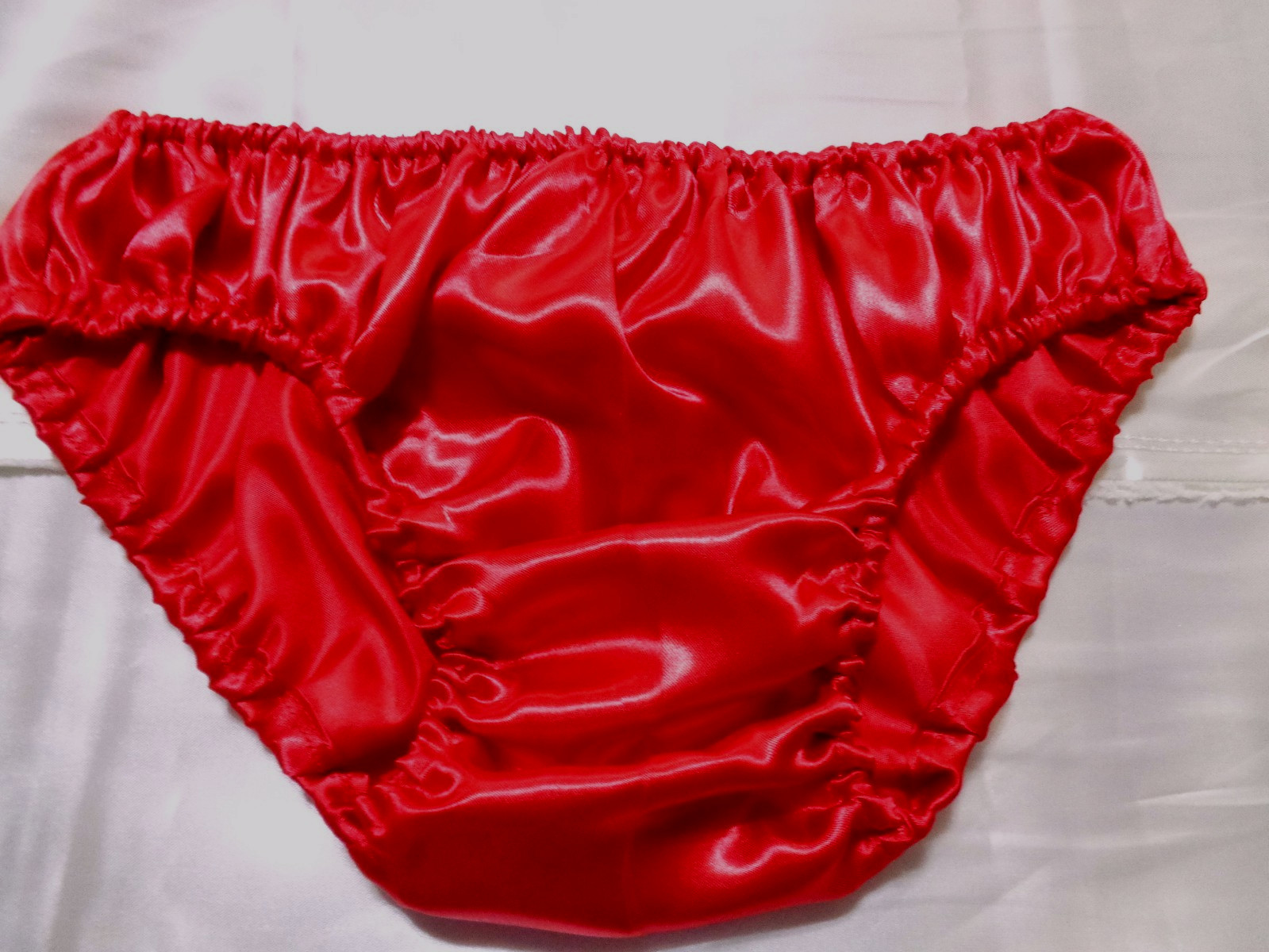 adult sissy handmade bright red frilly men satiny bikini panties dress-up 33-47
