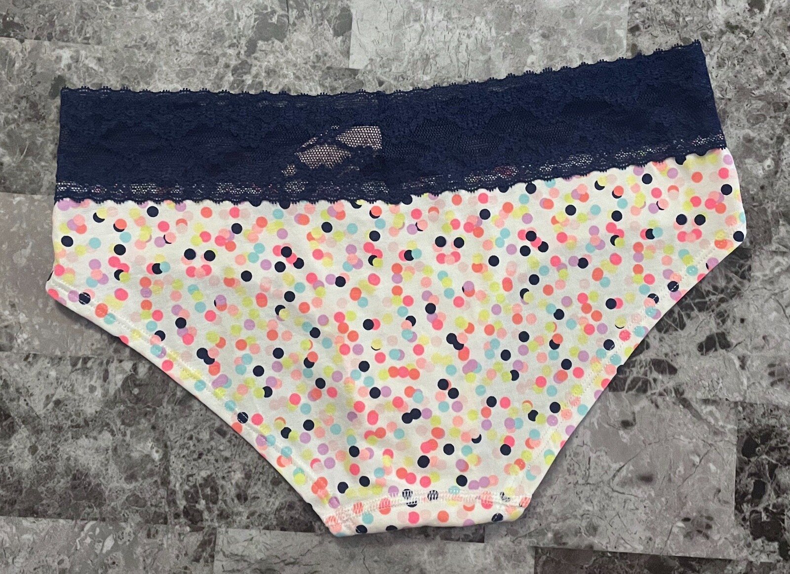 NWT VICTORIA’S SECRET S PINK AQUA POLKA DOT NAVY BUE LACE RARE HIPHUGGER PANTIES