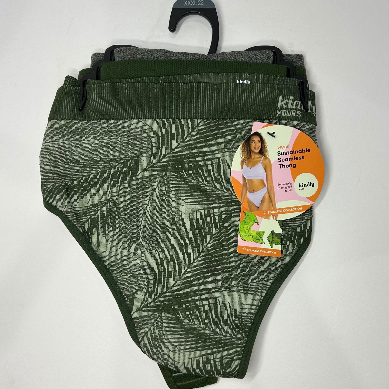 Kindly Yours Sustainable Seamless Thong 3-Pack Green Tropical Stripe 3XL 22 NEW