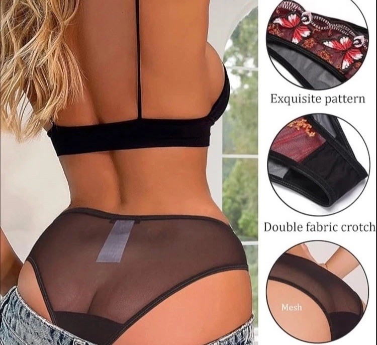 P -:) Butterfly Embroidered Mesh Panties for Women Lace Bikini