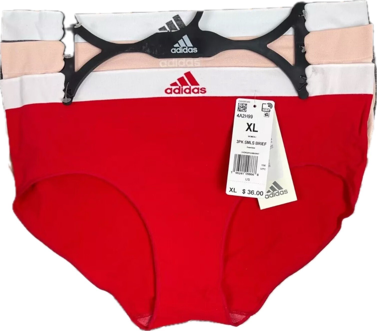 Adidas XL Red- Blush- Gray Logo Highwaist Laser Cut Seamless Brief Panties-3 Pk