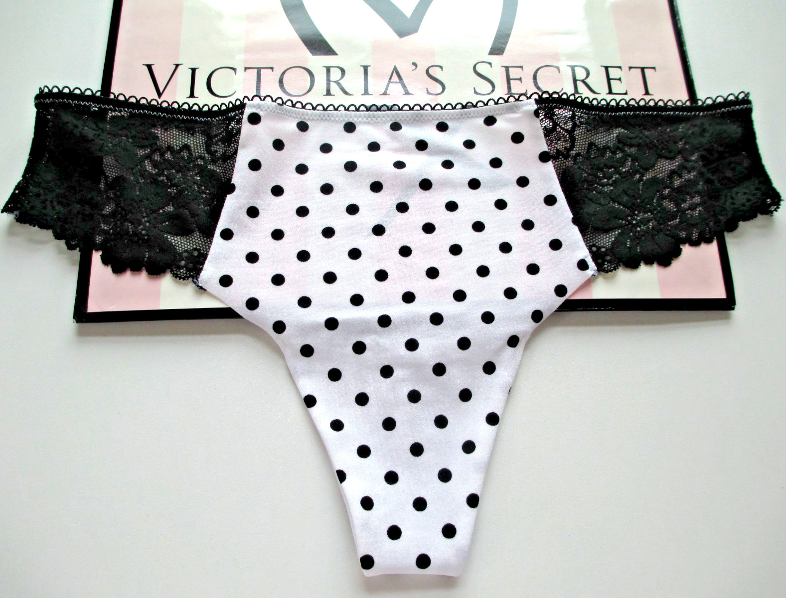 VICTORIA’S SECRET PINK No Show Thong Panty VS Black White Polka Dot S M L XL NWT