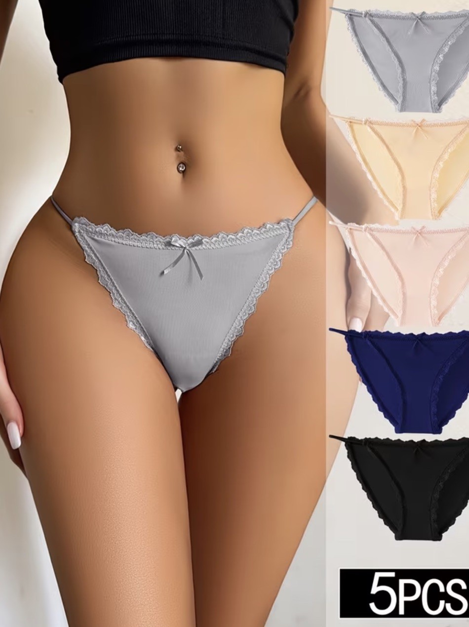 Women’s Bikini Briefs Stretch Lace Rim Elastic Waist Bow Red Navy Black 5Pk L