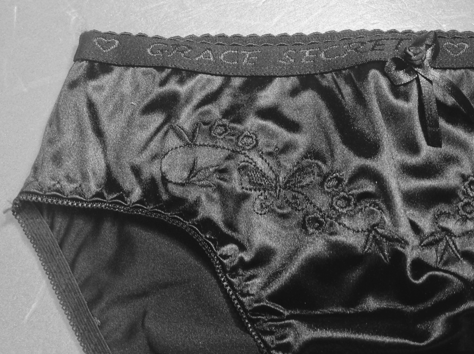 Women Panties Bikinis GRACE Size S. Black Nylon Satin W/Decoration Elastic