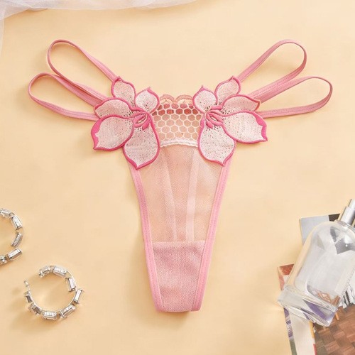 Women Sexy Thong Sheer Embroidered Strap G-string Mid Rise Panties Underwear