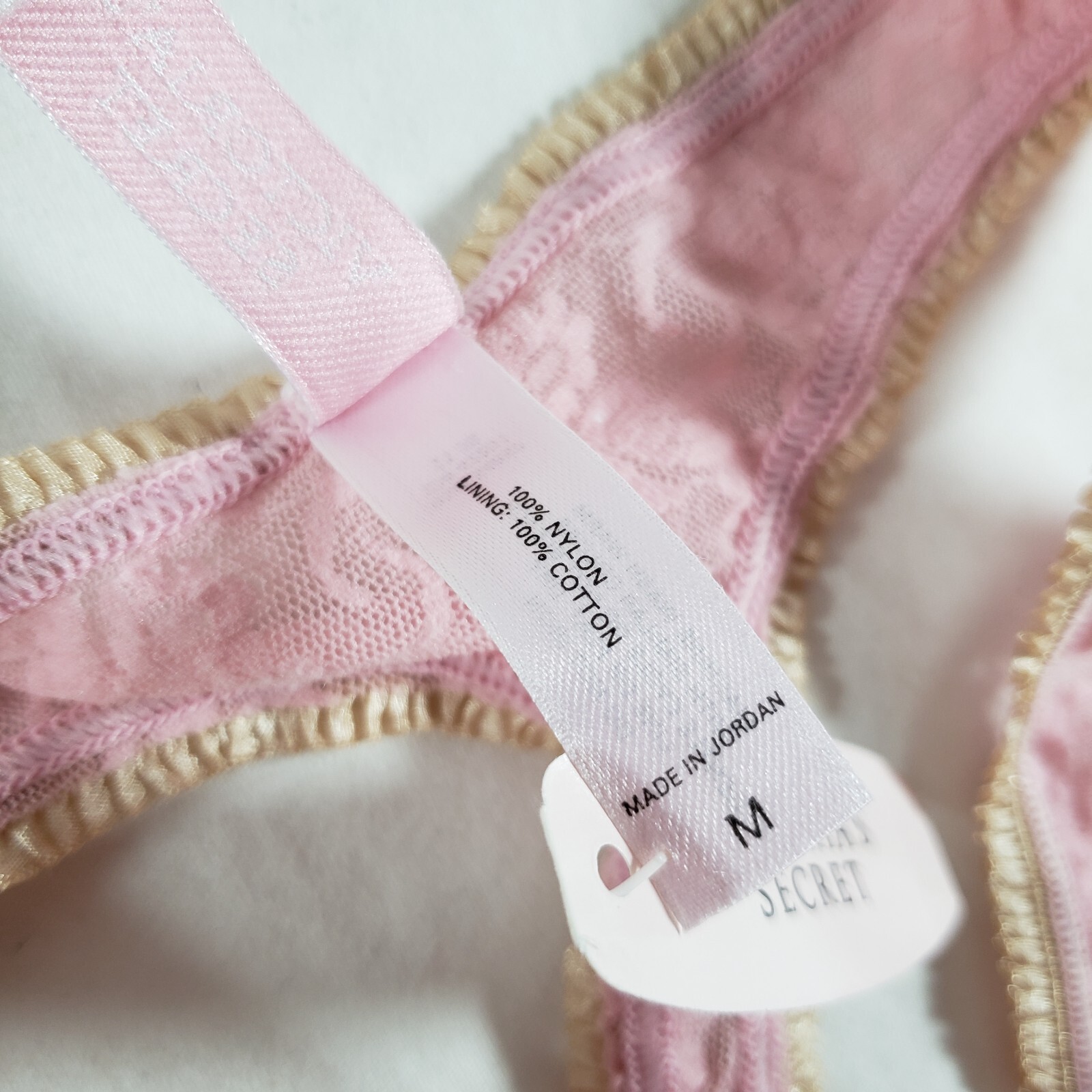 Victoria’s Secret Thong Medium Pink Gold Floral Sheer Ruffle Trim