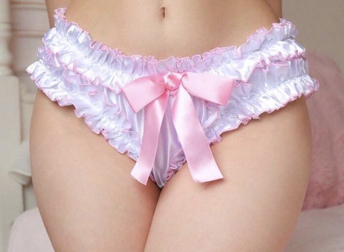 New XL White Pink Edged Ruffled Satin Ruched Bum Big Bow Bikini Panties Sissy