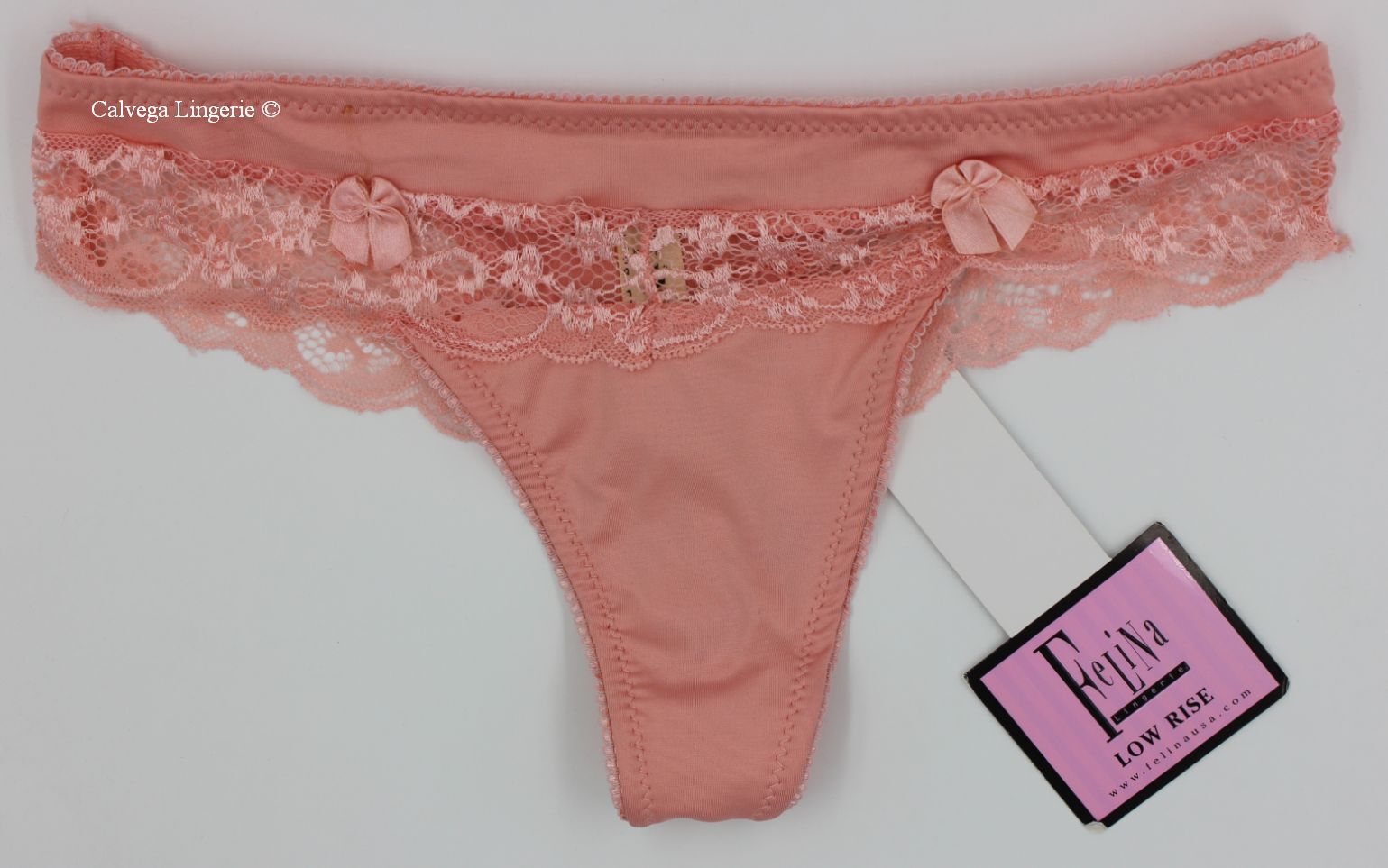 NWT FELINA F5693 “Summer Time” Low Rise Nylon w/ Lace Trim Thong, Coral