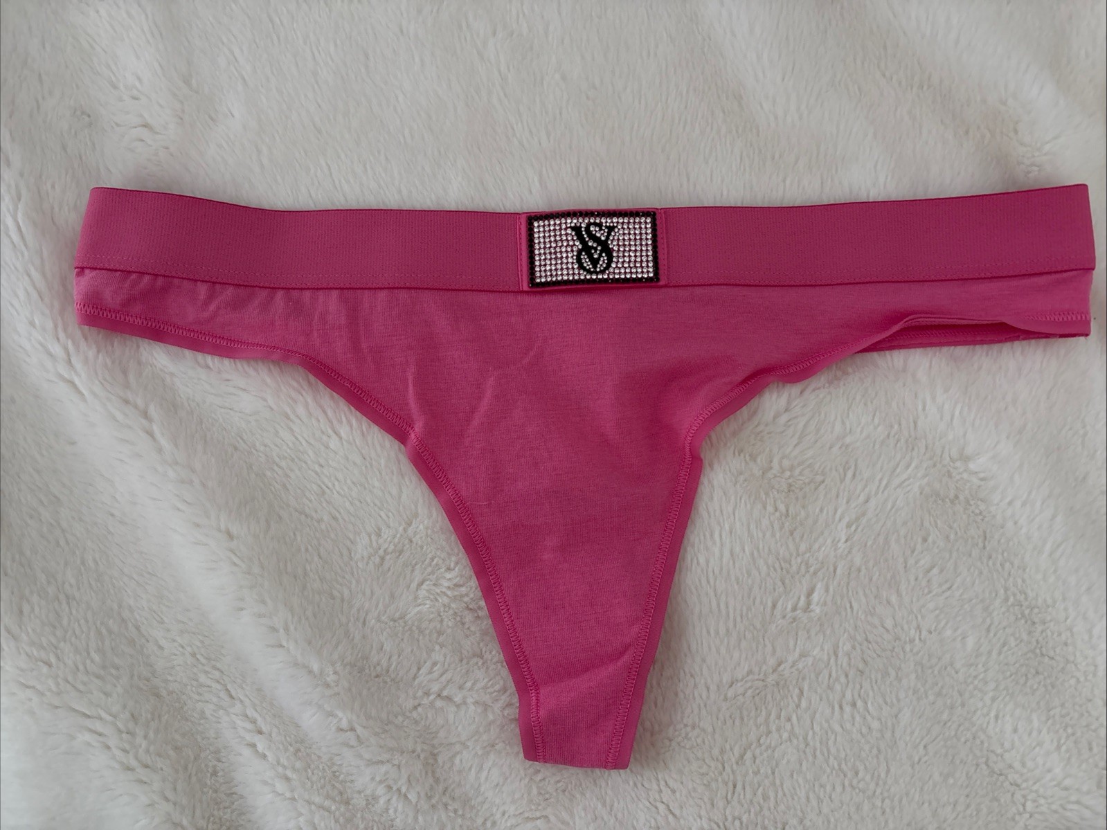 Victoria’s Secret Panties Thong Panty Pink Shine Patch Bling Logo Cotton Medium