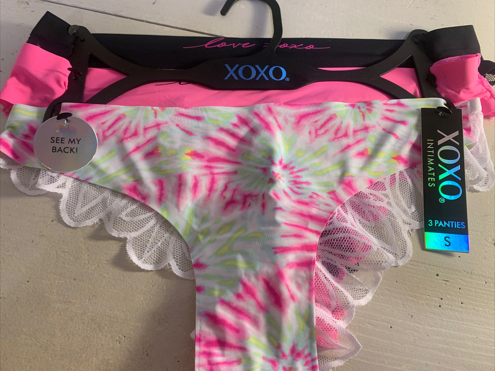XOXO Bikini Panty Womens Sexy Underwear 3 Pack Small Pink Lace Tie Dye