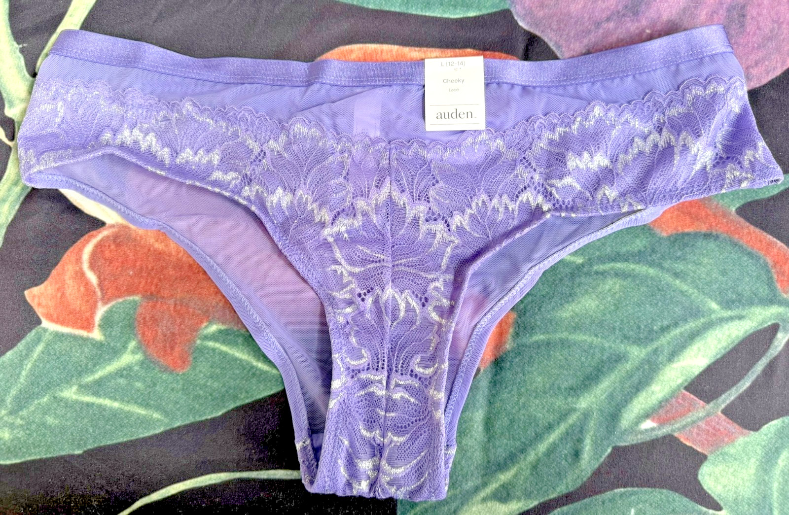 NWT Auden Women’s L 12-14 Lavender Lace Cheeky Panty with Silver Accents