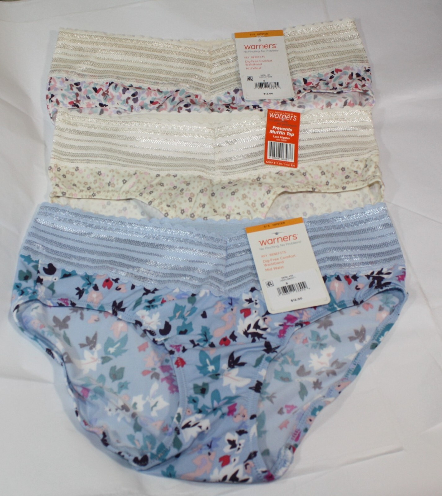 New set of 3 WARNER’S no muffin top HIPSTER panties IVORY FLORAL BLUE LEAVES 5/S