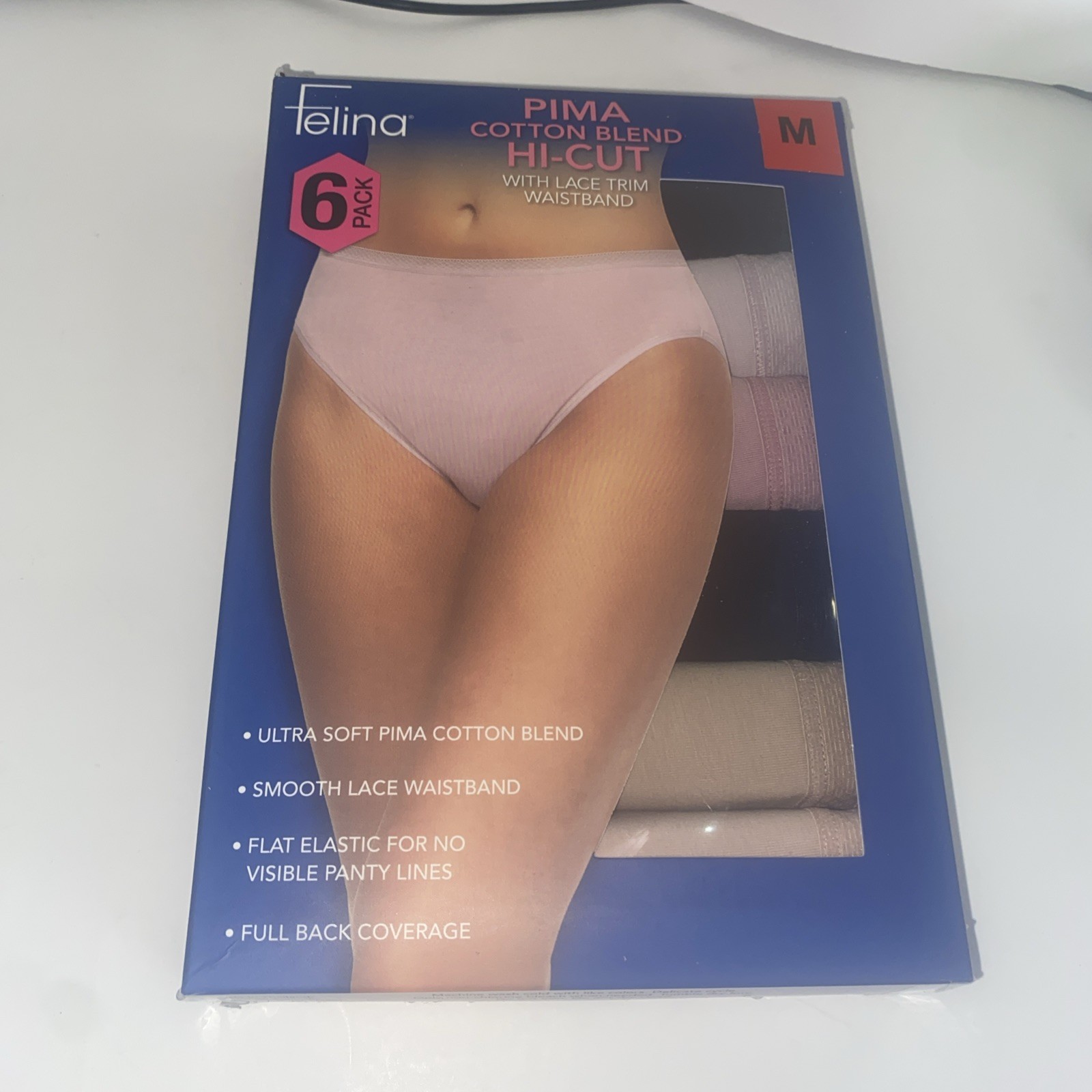 Felina Women’s 6-Pack Pima Cotton Hi-Cut with Lace Trim Panties, Multicolor, M