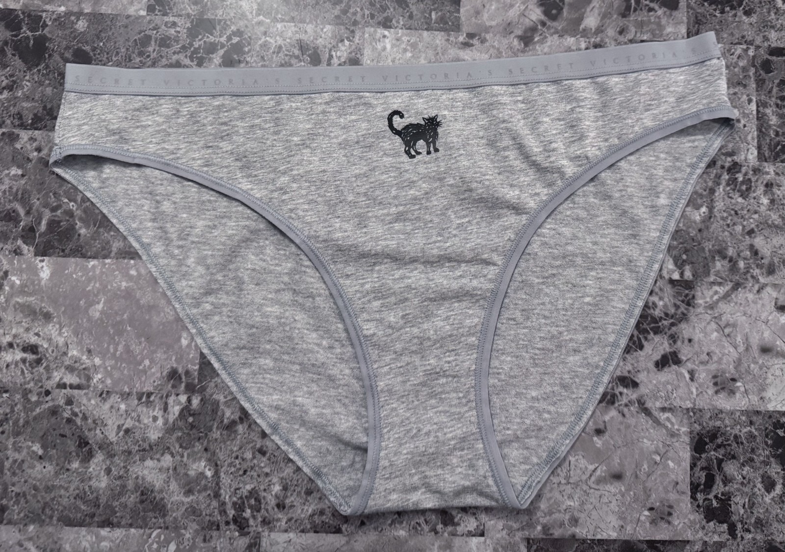 VICTORIA’S SECRET XL GRAY BLACK CAT HALLOWEEN LIGHTWEIGHT BAND BIKINI PANTIES