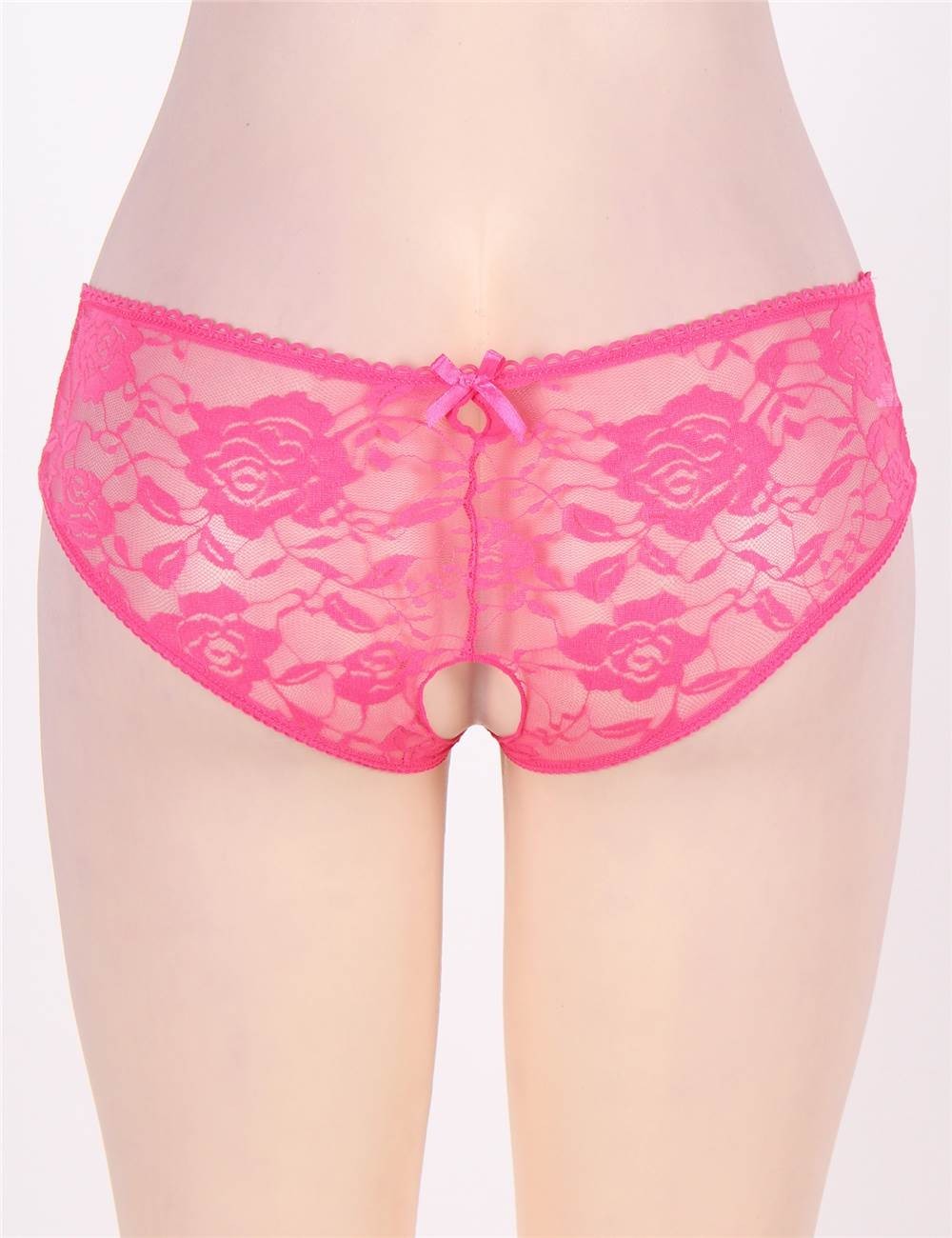 WOW BABE Pink Floral Lace Bow Detail Open Crotch French Knickers Panty Size 8-10
