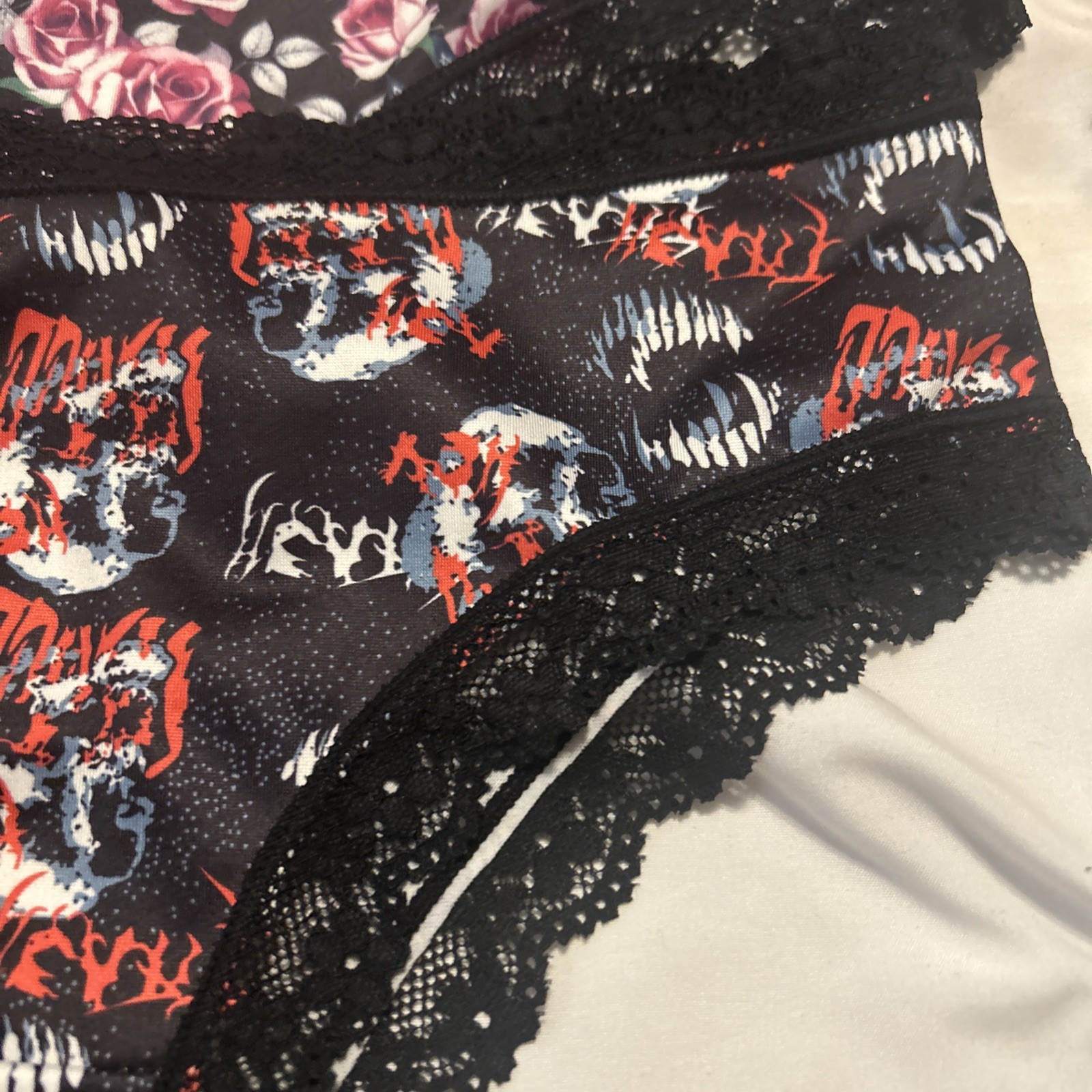 Morvia 3pk lace trim goth Skater Emo Goth panties M Skull Mushrooms Floral New