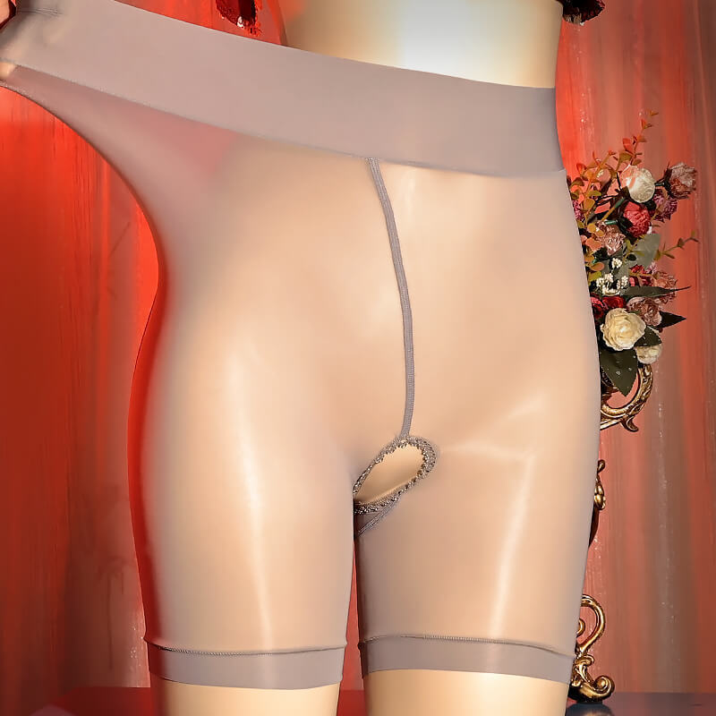Womens Sheer Open Crotch Boxer Shorts Underwear Shiny Glossy See-through Panties