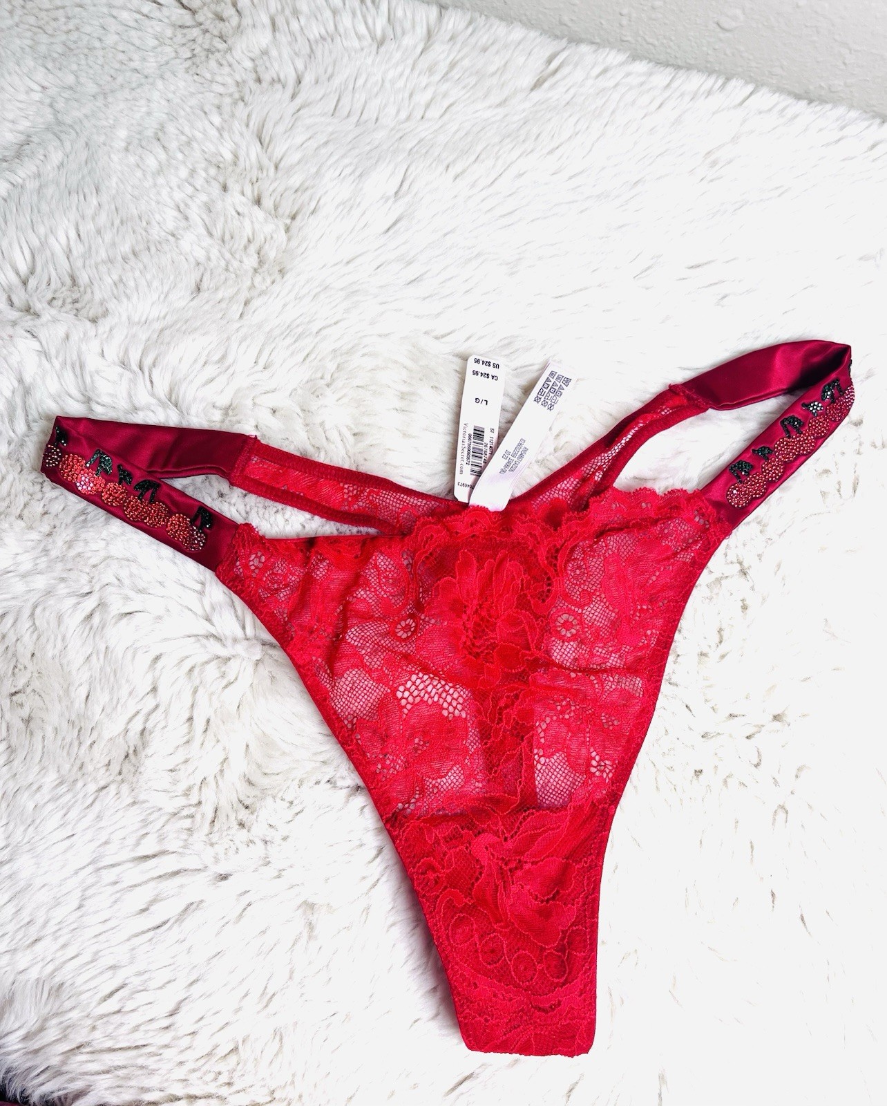 VICTORIA’S SECRET L RED FLORAL LACE RHINESTONE LOGO THONG PANTIES